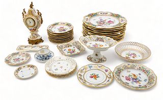 Dresden Hand Painted Porcelain 11" Plates (10), 6.5" Plates (10) Clock, Etc Ca. 1910, 27 pcs