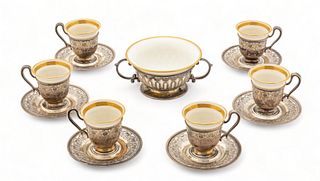 Whiting Sterling Silver Demitasse Espresso Cup Holders, Saucers & Lenox Porcelain Inserts, Service for Six, Ca. 1920