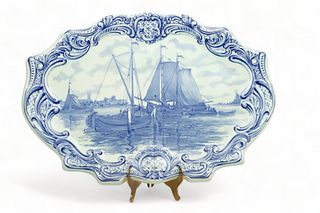 Boch, (Belgian,) Hand Painted Blue And White Pottery Plaque, Ca. 1900, H 13" W 18.5"