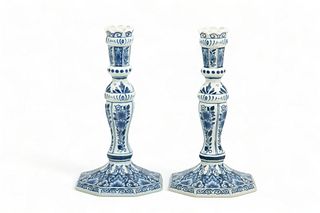 Oud Delft Blue And White Pottery Candlesticks, H 9.25" W 5" L 5"