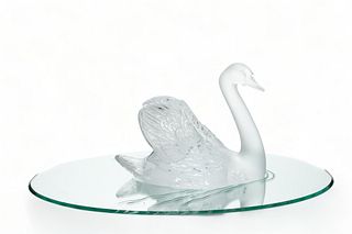 Lalique (French) 'Cygne Tete Droite' Crystal Sculpture & Reflecting Mirror, H 9.75" W 7.25" L 13" 2 pcs