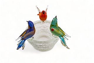 Murano (Italian) Art Glass Centerpiece Bowl, Perched Birds on Nest, Ca. 1960, H 8" Dia. 12"