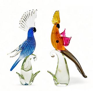 Murano (Italian) Art Glass Sculptures, Perched Exotic Birds, Ca. 1960, H 17" W 10" 2 pcs
