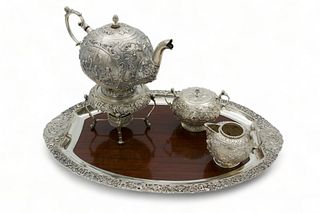 Dutch Sterling Silver Tea Pot on Warmer Base, Creamer, Sugar, Tray Ca. 1920, 5 pcs