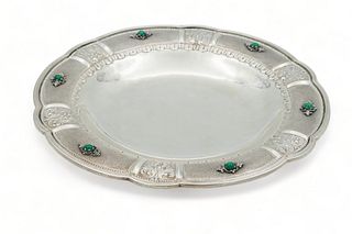 German 800 Silver Centerpiece Bowl, Green Malachite Cabochons, Ca. 1940, H 2" Dia. 11.5" 21.9t oz