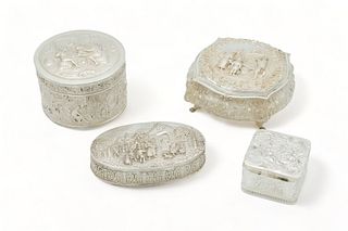 German 800 Silver Boxes, Hinged Ca. 1900, W 4.5" 4 pcs