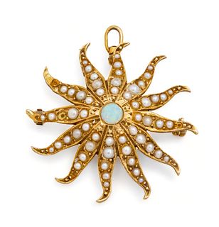 Gold, Opal And Seed Pearl Pendant - Brooch, Flower Form Ca. 1940, L 1.5" 5.1g