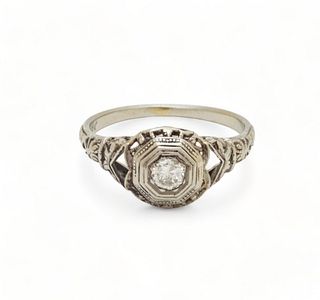 23pt. And 18K White Gold Ring, Size 6 1/4 Ca. 1920, 2.1g
