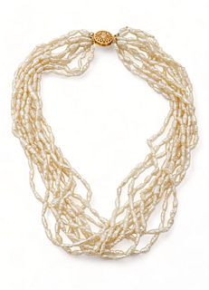 10-strand Seed Pearl Choker Necklace, 14k Yellow Gold Clasp, L 16" 45g