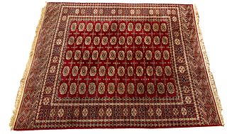 Bokhara Hand Woven Oriental Carpet, Red Field Ca. 1960, W 8.2' L 9.9'