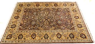 India, Wool Hand Woven Carpet, Brown Field W 9.7' L 14.2'