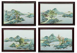 Chinese Paintings on Porcelain Ca. 19th.c., H 10" W 15" 4 pcs