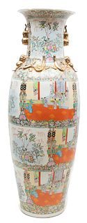 Chinese Magnum Size Rose Medallion Hand Painted Porcelain Vase, Ca. 1980, H 64" Dia. 24"