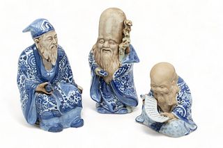 Japanese Blue & White Porcelain Kutani Figures, Ca. 20th C., H 11.5" W 5.5" Depth 5" 3 pcs