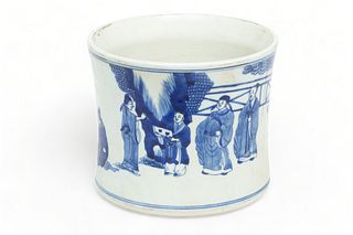 Chinese Blue & White Porcelain Brush Pot, Courtyard Scene, H 6.5" Dia. 8"
