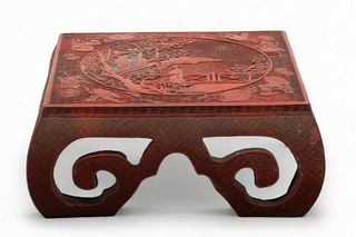 Chinese Red Lacquered Wood Stand, H 4.5" W 11.5" L 11.5"