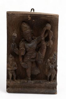 India, Hindu Carved Wood Wall Plaque. Figures in Relief H 15" W 10"