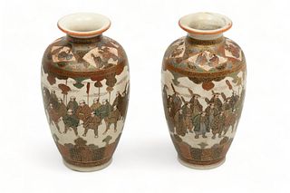 Kinkozan (Japanese) Sat Suma Earthenware Vases Ca. 19th.c., H 7" 1 Pair