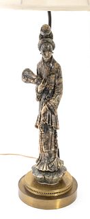 Carved Marble Sculpture of Quan Yin Holding Lute, Converted to Lamp, H 19" Dia. 7.5"