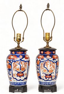 Japanese Imari Porcelain Vases Converted to Lamps, Ca. 20th C., H 10" Dia. 6.25" 1 Pair (Porcelain Only)