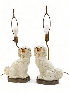 English Staffordshire Pottery Figural Lamps of King Charles Spaniels, Ca. Late 19th/early 20th C., H 13" W 10.5" 1 Pair