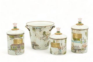 MacKenzie-Childs (American) Enamel Canister And Ice Bucket Set, Four Pcs. "Aurora Collection", H 10.25" Dia. 5.25"