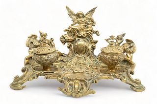 French Rococo Style Brass Inkwell, Ca. 1900, H 6.5" W 13" Depth 10"