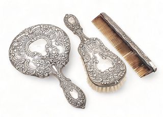 Gorham "Buttercup" Sterling Silver Hand Mirror And Hair Brush Ca. 1920, 2 pcs