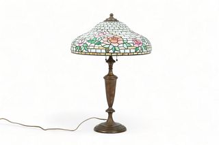 American Leaded Glass Table Lamp Ca. 1910, H 29" Dia. 19"
