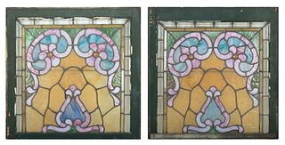 Leaded Slag Glass Window Panes, Ca. 1880, H 29.25" W 29.5" Depth 1.25" 1 Pair