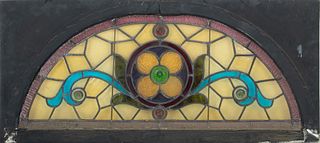 Stained & Leaded Glass Window Pane, Ca. 1880, H 20" W 44.5" Depth 1.25"