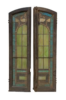 Leaded Slag Glass Window Panels, Ca. 1900, H 54.5" W 15" 1 Pair