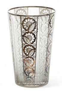 Crystal Flower Vase, Silver Overlay & Etched Designs, Ca. 1920, H 10" Dia. 6"