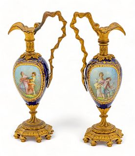 French Louis XV Style Hand Painted Porcelain with Gilt Ormolu Ewers, 19th C., H 11.25" W 4.5" 1 Pair
