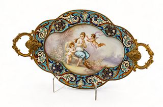 French Hand Painted Porcelain Champlevé Tray, Early 20th C., H 2.25" W 7" L 13"