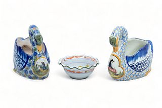 Henriot Quimper (France) Pottery Swans H 6.5" L 8" 3 pcs + Bowl Dia 4"