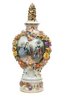 Potschappel (German) Porcelain Covered Urn, Early 20th C., H 27.5" Dia. 12"