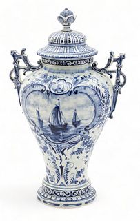 Delft Royal Bonn Faience Pottery Double Handled Covered Urn, Ca. 1900, H 13.75" W 8.25"