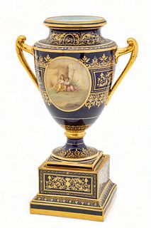 Royal Vienna (Austrian) Porcelain Double Handled Flower Vase on Pedestal 19th ., H 18" Dia. 11.5"