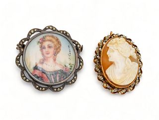 Italy Carved Cameo And France Watercolor Brooch Ca. 1900 - 1920, Dia. 1.2" 2 pcs