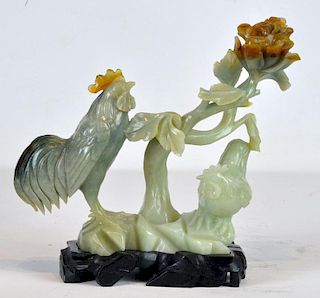 Chinese Carved Jade Roosters on Floral Branch