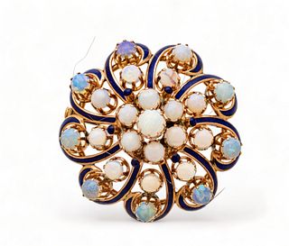Opal, 14K Yellow Gold And Blue Enamel Round Brooch Ca. 1940, Dia. 1.5" 13.7g