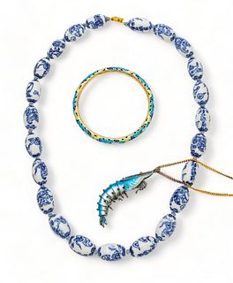 Chinese Porcelain Necklace 23", Cloisonne Bangle 3", Enamel Fish 3" 3 pcs