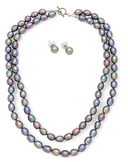 Baroque Black Pearls, Double Strand + Earrings L 18" 95g 3 pcs