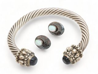 Silver Bangle Cuff Bracelet + Pair Opal Stud Earrings W 2.7" 44.5g 3 pcs