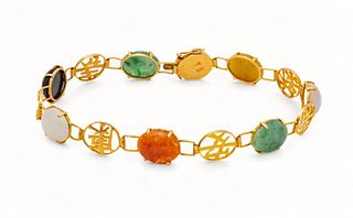 Chinese 14K Yellow Gold, Jade, & Carnelian Hinged Bracelet L 8" 8g