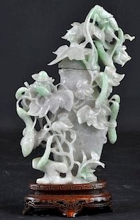 Chinese Carved Jade Lidded Vase on Wood Stand