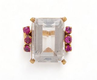 Quartz, Ruby, And 14 Kt. Yellow Gold Ring, Size 6 11g