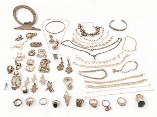 Sterling Silver Brooches, Pendants, Rings Bracelets (10) Owl, Monkey, Cats, Angels Etc. 50 pcs