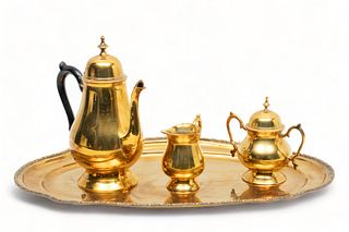 Brass Oval Serving Tray, Coffee Pot, Sugar, Creamer W 13" L 21" 4 pcs
